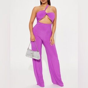 Fashion Nova Women's Don't Wait Up One Shoulder Magenta Jumpsuit